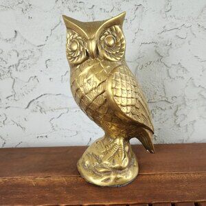 Vintage Solid Brass Owl Sculpture — 9.25" Tall — Hefty Statement Decor